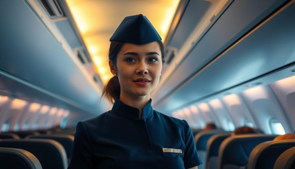 A flight attendant in a crisp, navy blue uniform standing in the aisle of a commercial airliner. The cabin is dimly lit, with warm, soft lighting creating a calming atmosphere. The attendant's expression is professional and attentive, ready to assist passengers. In the background, the interior of the aircraft is visible, with rows of seats, overhead compartments, and the occasional glimpse of a window revealing the sky outside. The scene conveys the orderly and organized nature of a flight attendant's duties, with a focus on providing excellent customer service in a confined yet serene environment.
