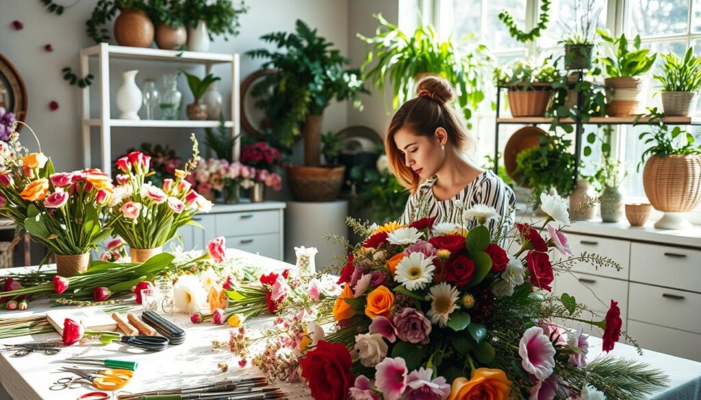 A flower designer's workspace, bathed in soft, natural light streaming through a large window. In the foreground, a table overflows with an array of vibrant blooms, stems, and floral tools - scissors, wire cutters, and delicate ribbons. The middle ground reveals a designer hunched over, meticulously arranging a centerpiece, her brow furrowed in concentration. In the background, shelves brimming with vases, baskets, and an assortment of greenery create a lush, verdant backdrop. The atmosphere is one of focused, artistic intensity, underscoring the intricate, labor-intensive nature of the flower designer's craft.