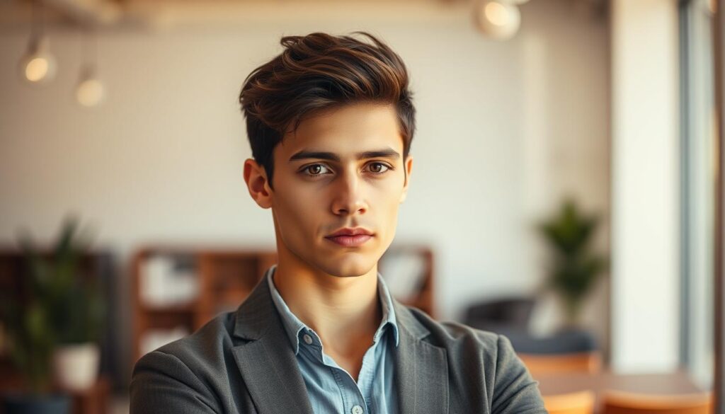 A focused, composed young professional standing in a modern, well-lit office. The subject's expression conveys a sense of determination and commitment, reflecting the weighty decision they have made to accept a job offer. The background is subtly blurred, drawing attention to the person's face and body language. Warm, natural lighting illuminates their features, creating a sense of thoughtfulness and resolve. The overall scene evokes the idea of a new chapter beginning, with the individual prepared to embrace the challenges and opportunities that lie ahead.
