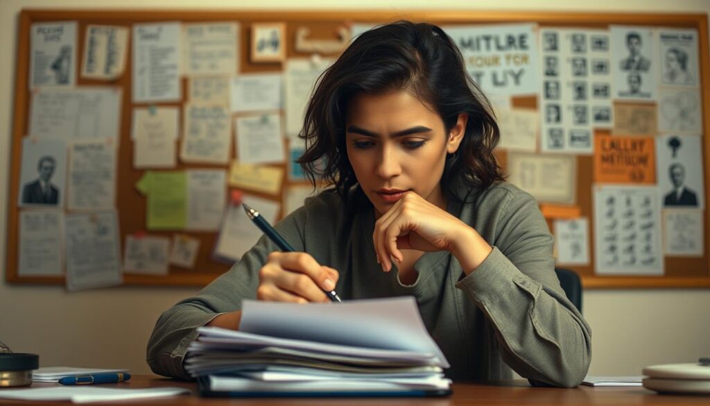 A focused, creative individual sits at a desk, pen in hand, gazing intently at a stack of papers. The lighting is warm and ambient, casting a soft glow over the scene. In the background, a bulletin board displays an array of notes, ideas, and character sketches, hinting at the meticulous planning and attention to detail required for the role of a screenwriter. The expression on the person's face conveys a thoughtful, analytical mindset, suggesting the ability to craft captivating narratives and develop compelling characters. The overall atmosphere evokes a sense of intellectual engagement, passion, and a natural inclination towards the craft of storytelling.