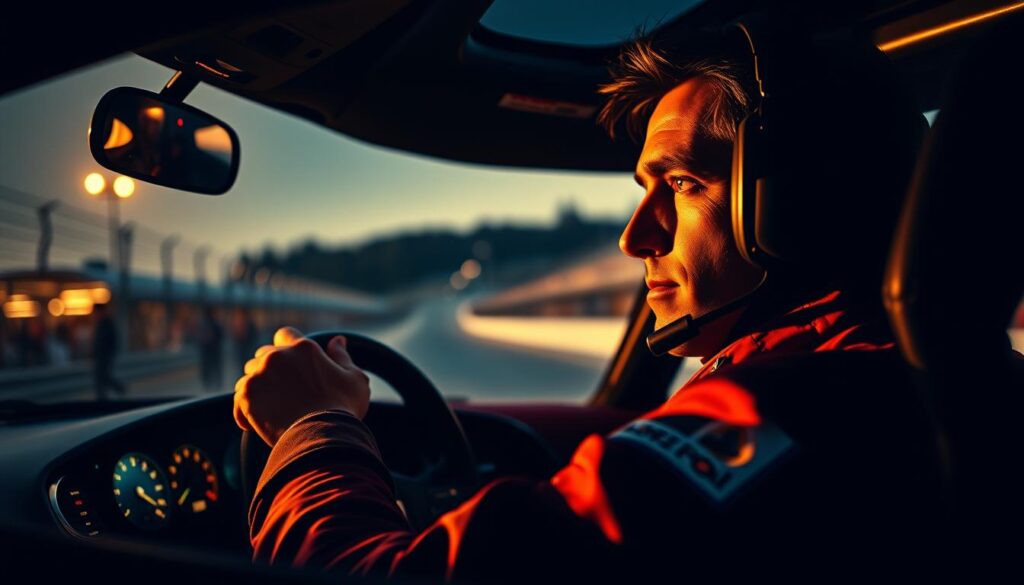 A focused, determined racing driver, their hands gripping the steering wheel with precision. The cockpit interior comes into view, the dashboard illuminated with a array of instruments. In the background, the blurred silhouettes of spectators line the racetrack, creating an atmosphere of anticipation and excitement. Warm, directional lighting casts dramatic shadows, highlighting the driver's intense expression and the car's sleek, aerodynamic form. The overall mood conveys the skill, passion, and unwavering focus required to excel as a professional racing driver.