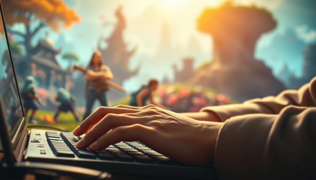 A focused game writer typing intently, surrounded by a vibrant and immersive game world. The foreground features the writer's hands on the keyboard, fingers dancing across the keys with purpose. The middle ground depicts a dynamic game scene, with characters, environments, and narrative elements unfolding. The background is a blurred, dreamlike landscape that evokes the creative energy and passion that fuels the writer's work. Warm, natural lighting bathes the scene, creating a sense of flow and inspiration. The composition conveys the dedication, imagination, and fulfillment inherent in the role of a game writer.
