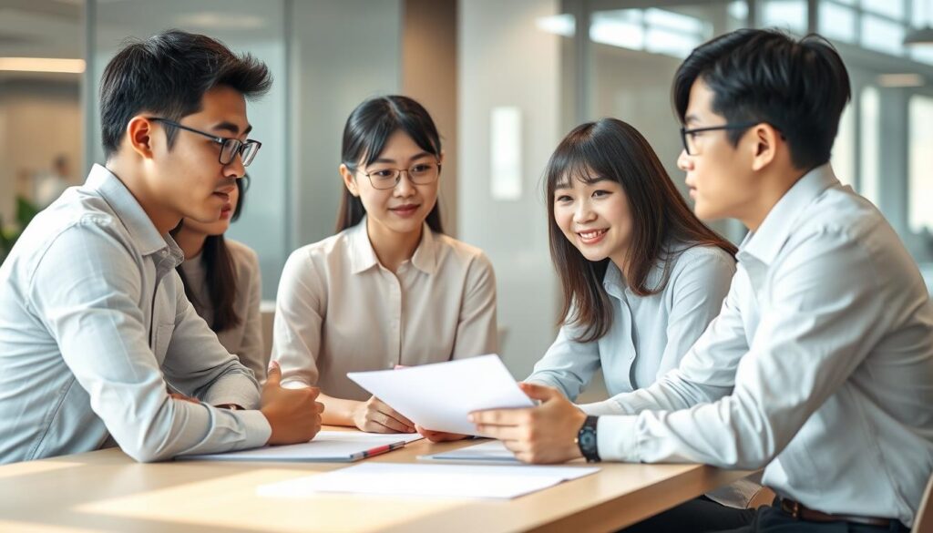 A focused group of young, Japanese-looking professionals in a modern office setting, gathered around a table and engaged in a thoughtful discussion about the key aspects of actuarial work. The lighting is soft and natural, creating a warm, collaborative atmosphere. The models have serious yet approachable expressions, conveying the intellectual rigor and practical application of actuarial skills. The scene is captured from a slightly elevated angle, giving a sense of authority and expertise. The background is blurred, keeping the attention on the central figures and their engaging dialogue.