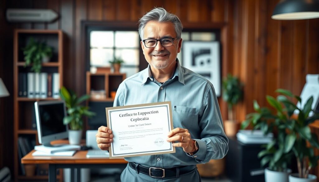 A focused, middle-aged office worker in a button-down shirt and slacks, holding a certificate proudly in their hands, with a warm smile on their face. The setting is a cozy, wood-paneled office space, with a desk, bookshelves, and potted plants in the background, bathed in soft, diffused lighting. The image conveys a sense of accomplishment, pride, and the potential for career advancement through continued education and skill development.