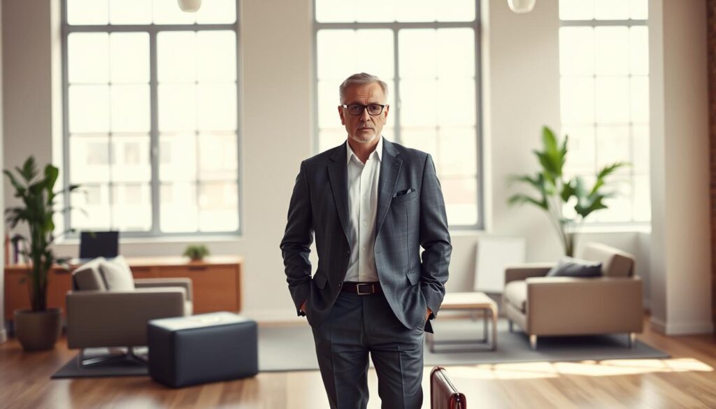 A focused, middle-aged professional standing confidently in a well-lit office, dressed in a crisp suit. The background showcases a modern, minimalist workspace with clean lines and a large window, allowing natural light to fill the space. The figure's expression conveys determination and a sense of excitement for the next chapter of their career. Muted earth tones and sleek, contemporary furnishings create an atmosphere of sophistication and success. Subtle details, such as a briefcase or a stack of documents, hint at the careful preparation and planning that has gone into this pivotal career transition.