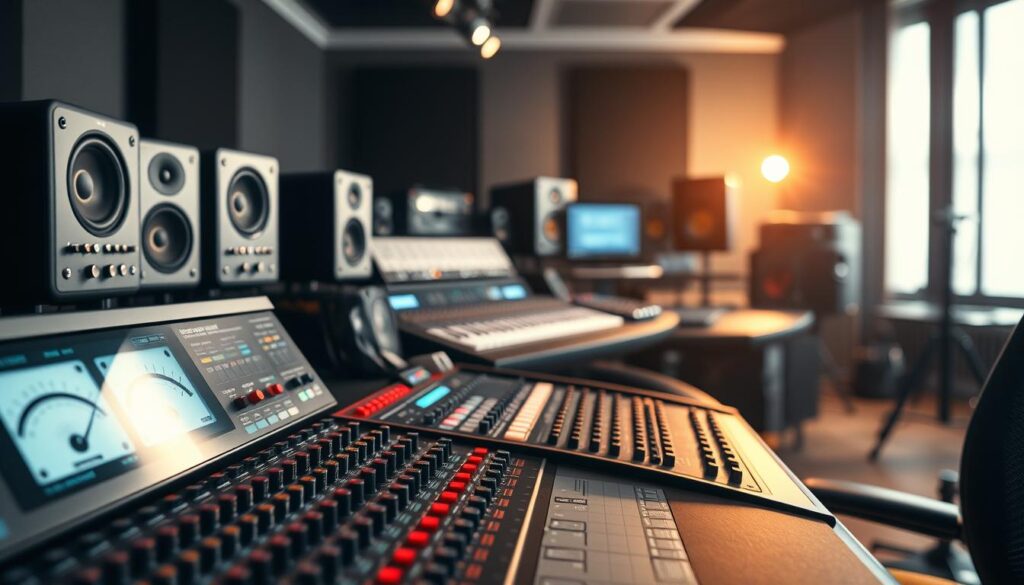 A focused, technologically-driven image depicting the essential skills required for a mastering engineer. Showcase a detailed control panel with various knobs, sliders, and meters, surrounded by high-end audio equipment such as speakers, microphones, and mixing consoles. Bathe the scene in a warm, professional studio lighting, emphasizing the precision and technical expertise needed for this specialized role. Convey a sense of depth, with the control panel in the foreground, the equipment in the middle ground, and a blurred, but high-end studio backdrop. Imbue the image with a sense of focus, technical mastery, and the importance of these skills in the music production process.