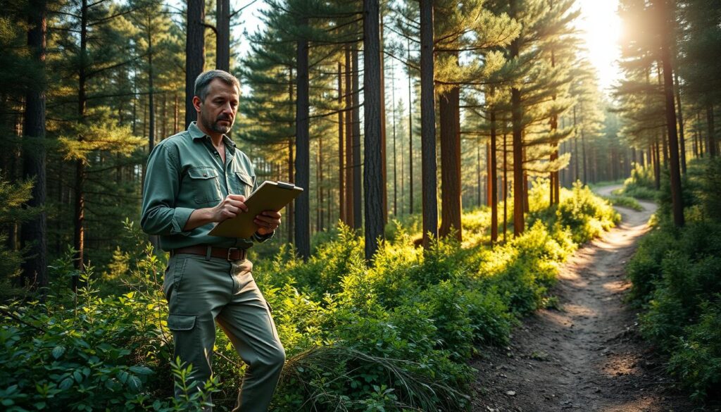 A forest management expert, dressed in khaki pants and a moss-green button-down shirt, stands amidst a lush, verdant forest. Sunlight filters through the canopy of towering pines, casting a warm, golden glow on the scene. The expert holds a clipboard, surveying the undergrowth with a keen, analytical gaze, their face a mask of concentration. In the background, a winding trail leads deeper into the forest, hinting at the expanse of the expert's domain. The atmosphere is one of quiet contemplation, the expert's presence a testament to the delicate balance of human stewardship and natural harmony.