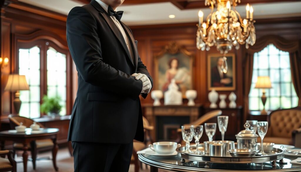 A formal and professional-looking scene depicting the essential skills and qualifications required for a skilled butler or household servant. The foreground shows a butler in a crisp black suit and white gloves, standing with perfect posture and an attentive, courteous expression. In the middle ground, various accoutrements are neatly arranged - a silver tray, a selection of formal tableware, and other service-related items. The background is a well-appointed interior with rich wood paneling, ornate furniture, and tasteful decor, suggesting a grand, elegant manor house. The lighting is warm and inviting, creating a sense of refined sophistication. The overall atmosphere conveys the high standards, attention to detail, and extensive training required of a skilled household servant.