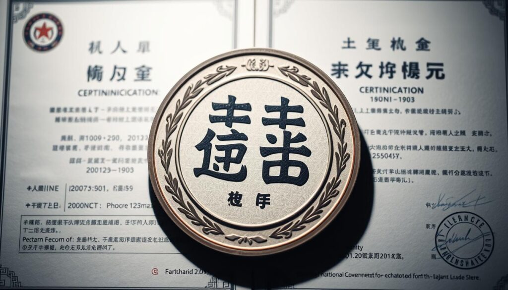 A formal certification emblem against a backdrop of official government documents, signifying the prestigious "国家資格" or national qualification. The emblem features intricate calligraphic elements and a bold, symmetrical design in a palette of muted, authoritative tones. The image is captured with a shallow depth of field, placing the emblem in sharp focus while the paperwork fades softly into the background, conveying a sense of significance and gravitas. Dramatic side lighting casts dramatic shadows, adding depth and dimension to the composition. The overall mood is one of prestige, expertise, and the power of state-sanctioned credentials.