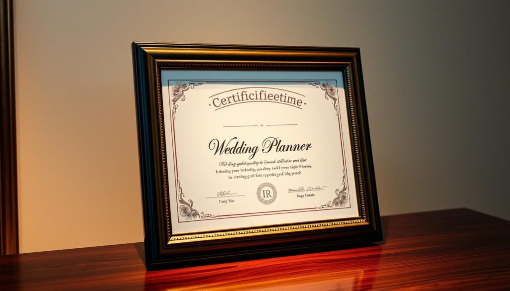 A formal, elegantly framed certification document depicting the "Wedding Planner" credential, illuminated by soft, warm lighting. The certificate's border features delicate floral designs, alluding to the wedding industry. The document is showcased on a polished, wooden desk or table, with a minimalist background that allows the credential to be the central focus. The overall composition conveys a sense of professionalism, expertise, and the prestige associated with this specialized certification.