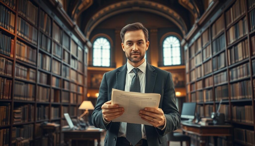 A formally dressed archivist standing in a grand library, surrounded by floor-to-ceiling bookshelves filled with historical records. Warm, directional lighting illuminates their serious yet thoughtful expression as they carefully handle a fragile document. The foreground showcases the archivist's authentication credentials and certification badges, highlighting their expertise and authority in the field of archival management. The middle ground features an ornate wooden desk with a computer and various archival tools, conveying the operational side of their work. The background depicts a stately, old-world atmosphere with high ceilings, large windows, and a sense of reverence for the preserved knowledge. An aura of professionalism, diligence, and the weight of historical responsibility emanates from the scene.