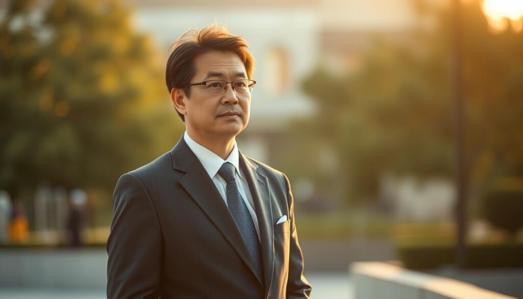 A former Japan Self-Defense Forces member recounts their transition to civilian life, standing confidently in a crisp, well-tailored suit, a look of thoughtful contemplation on their face. The scene is bathed in warm, golden-hour lighting, casting a sense of reflection and introspection. The background blurs softly, highlighting the subject's poise and experience. The composition conveys a narrative of personal growth and the valuable skills acquired through military service, now applied to a new career path.