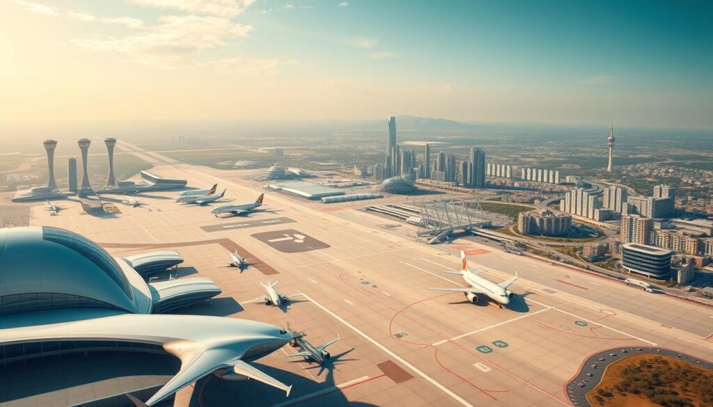 A forward-looking aerial landscape showcasing the future of the aviation industry. A gleaming, futuristic airport terminal in the foreground, with sleek, aerodynamic passenger jets taking off and landing gracefully on the tarmac. In the middle ground, a network of intelligent air traffic control towers and data centers, pulsing with digital information. The background reveals a panoramic vista of soaring skyscrapers, renewable energy installations, and a bustling cityscape, hinting at the integrated, sustainable future of air travel. Warm, diffused lighting casts an optimistic glow, while a slightly elevated camera angle conveys a sense of progress and growth. The overall scene communicates a vision of the aviation industry's dynamic and innovative potential.