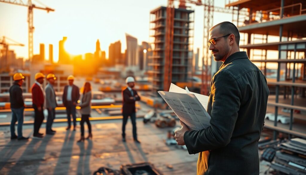 A forward-looking view of a project manager's promising future, illuminated by a warm, golden-hour glow. In the foreground, a confident, skilled project manager stands amid a bustling construction site, blueprints in hand, overseeing the progress of a large-scale development project. The middle ground reveals a team of diverse professionals collaborating seamlessly, each contributing their expertise to the collective success. In the background, a towering skyline of gleaming skyscrapers and emerging infrastructure symbolizes the boundless growth and impact a talented project manager can achieve. The scene exudes a sense of ambition, leadership, and the endless possibilities that await those who excel in this dynamic field.