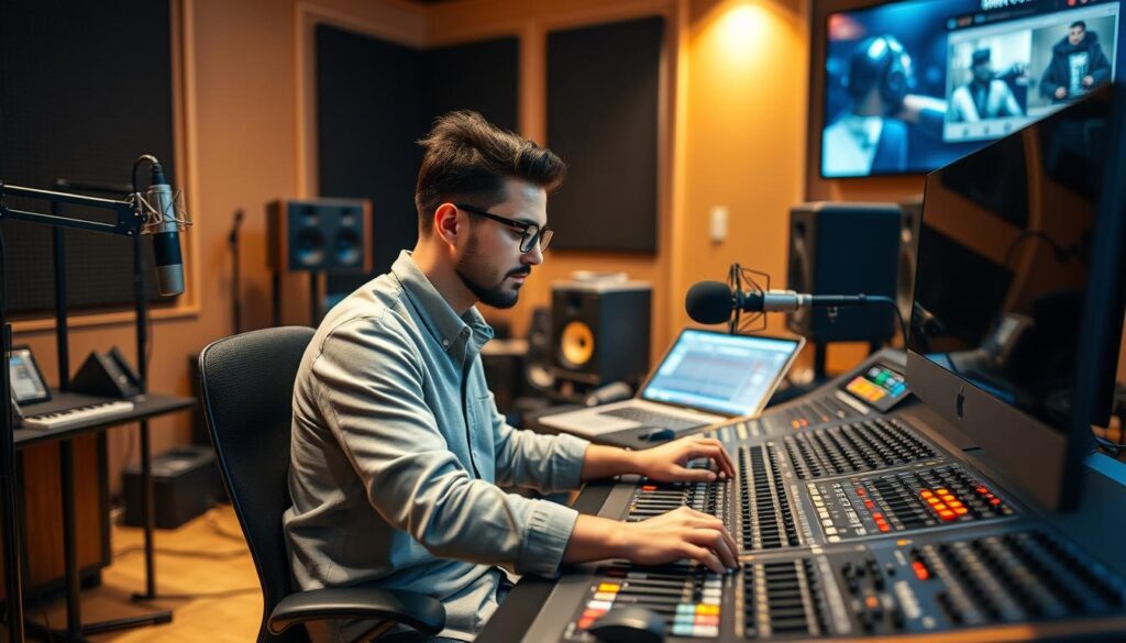 A freelance audio engineer sitting at a mixing console in a professional recording studio. The engineer is focused and adjusting various knobs and faders, surrounded by state-of-the-art equipment like microphones, speakers, and a high-end computer. The studio has a warm, dimly lit atmosphere with soft, directional lighting accentuating the engineer's features. The background is blurred, hinting at various music-related paraphernalia. The overall scene conveys a sense of dedication, technical expertise, and the unique challenges faced by freelance audio professionals in the industry.