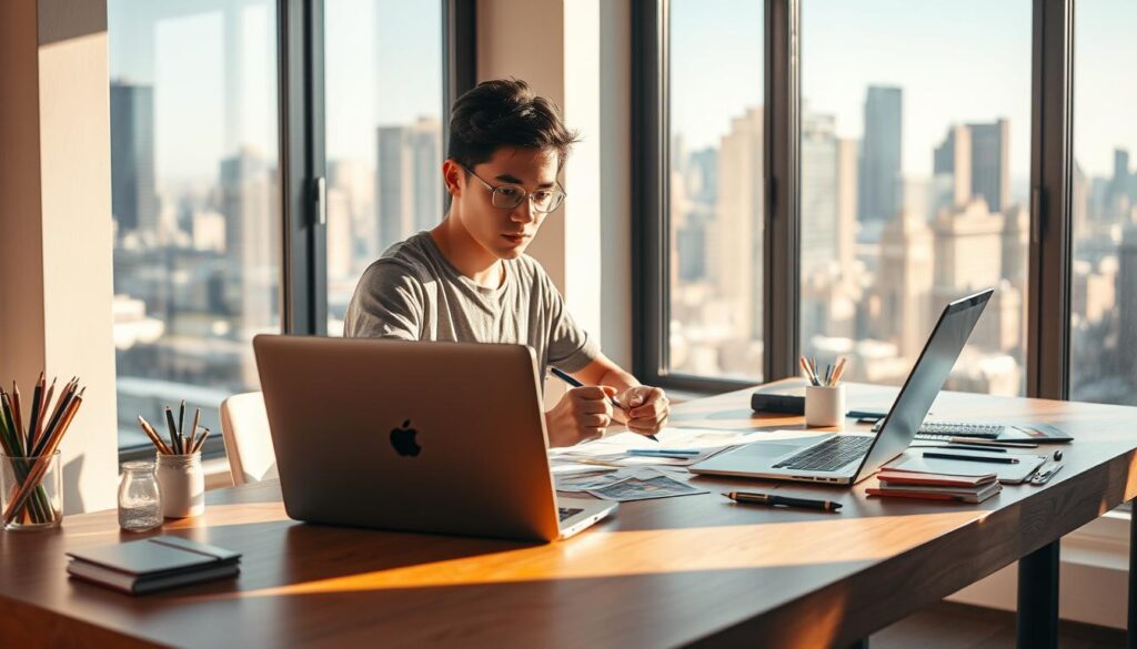 A freelance graphic designer's workspace, bathed in warm natural light streaming through large windows. In the foreground, a laptop, stylus, and various design tools are neatly arranged on a minimalist wooden desk. The middle ground features the designer, a young, focused individual, immersed in their creative process, with a determined expression. The background showcases a vibrant city skyline, hinting at the designer's connection to the urban creative community. The scene conveys a sense of productivity, independence, and the fulfillment that comes with a freelance design career.