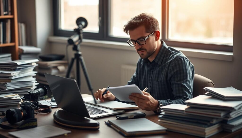 A freelance reporter sits at a desk, laptop open and notebook in hand, surrounded by the tools of their trade - a camera, voice recorder, and stacks of research materials. The room is bathed in soft, diffused light from a large window, casting a warm glow over the scene. The reporter's expression is one of focused concentration, as they meticulously craft their latest report, drawing on their keen observational skills and deep understanding of their subject matter. The atmosphere conveys a sense of diligence, professionalism, and the solitary nature of the freelance journalist's work.