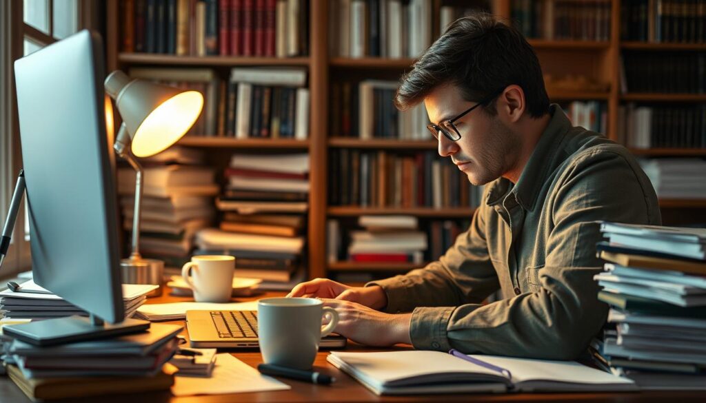 A freelance scenario writer, sitting at a well-organized desk, gazing intently at their laptop screen, surrounded by stacks of notes, reference materials, and a cup of steaming coffee. The lighting is warm and focused, creating a contemplative atmosphere. The writer's expression is one of deep concentration, their fingers dancing across the keyboard as they craft their narrative. In the background, a bookshelf filled with tomes on storytelling and character development, hinting at the writer's wealth of knowledge and experience. The scene conveys the dedication, creativity, and intellectual rigor required to succeed as a freelance game writer.