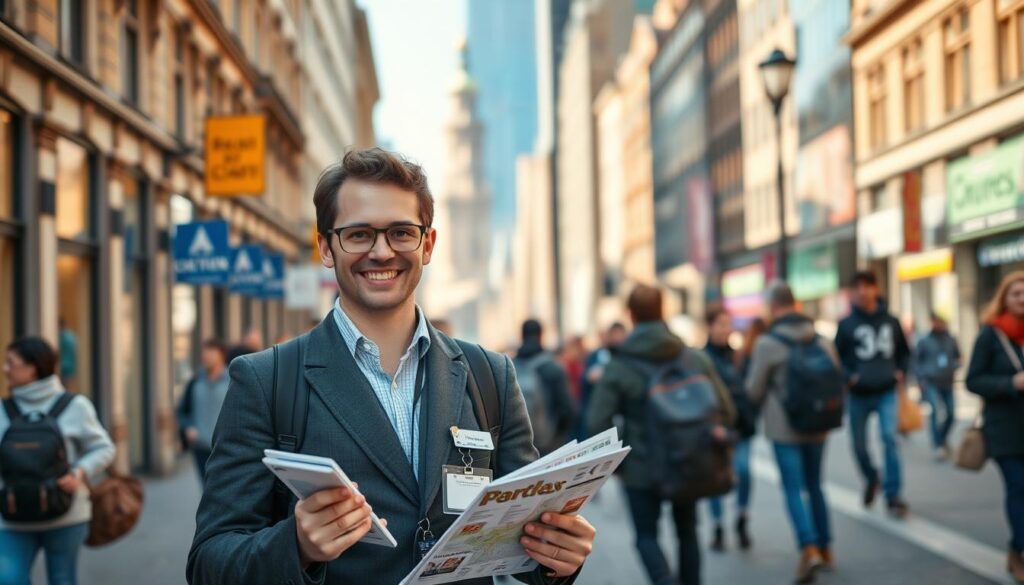 A friendly, approachable tour guide standing confidently in a bustling city street, dressed in a smart, professional outfit with a name badge, holding a map and brochures. They have an engaging, welcoming expression, making eye contact with the viewer, ready to share their knowledge and enthusiasm for the local area. The scene is well-lit with warm, natural lighting, creating a pleasant, inviting atmosphere. The background features the iconic architecture and landmarks of the city, hinting at the diverse sights and experiences awaiting the tour group. This image conveys the ideal tour conductor - personable, knowledgeable, and excited to lead an enriching and memorable journey.