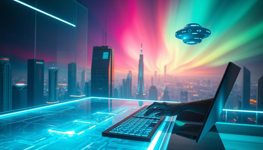 A future-focused game writer, immersed in a futuristic, neon-lit workspace. In the foreground, the writer sits at a sleek, holographic desk, fingers dancing across a transparent keyboard, crafting narratives for the next generation of interactive experiences. The middle ground features towering cityscapes, skyscrapers reaching towards a vibrant, aurora-lit sky. In the background, an AI assistant hovers, offering real-time insights and suggestions, seamlessly integrating technological innovation with the writer's creative vision. Cinematic lighting bathes the scene in a moody, atmospheric glow, capturing the writer's intense focus and the transformative potential of AI-augmented storytelling in the game industry.