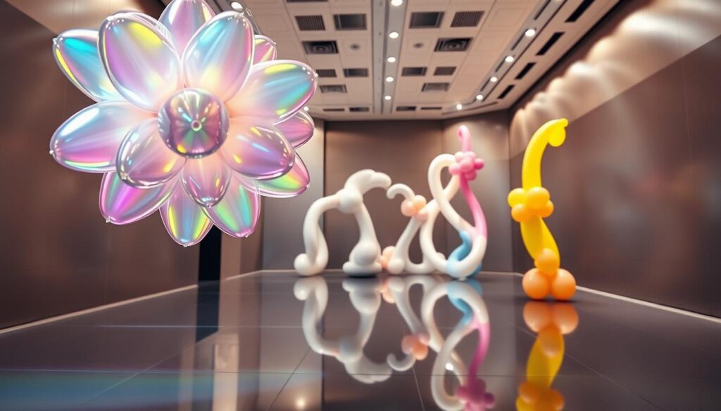A futuristic balloon art installation, showcasing innovative shapes and constructions. In the foreground, a cluster of iridescent, translucent balloons in geometric patterns float gracefully, casting colorful reflections on the sleek, mirrored floor below. The middle ground features larger-than-life balloon sculptures, their forms twisting and intertwining in a captivating display of creative vision. In the background, a minimalist, high-tech setting with smooth, metallic walls and strategically placed lighting creates an atmosphere of modern elegance and limitless possibilities for the art form. The overall scene exudes a sense of wonder, imagination, and the boundless potential of balloon artistry in the years to come.