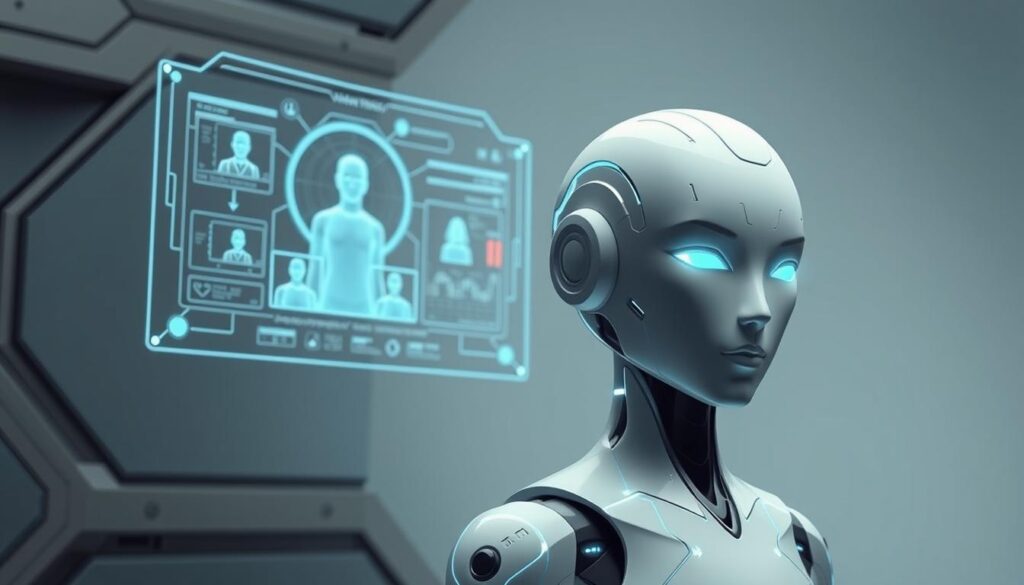 A futuristic character design in a sleek, minimalist style, depicting the fusion of human and AI elements. In the foreground, a stylized android figure with clean, geometric features and glowing circuit-like lines traversing its form. Hovering behind, a holographic interface displaying data visualizations and digital avatars, hinting at the technological capabilities of this AI-enhanced character. The background is a muted, metallic environment with a sense of depth and layered complexity, evoking the advanced, interconnected nature of the AI era. Soft, directional lighting casts subtle shadows, accentuating the sculptural qualities of the design. The overall mood is one of technological innovation, enhanced human potential, and the seamless integration of man and machine.