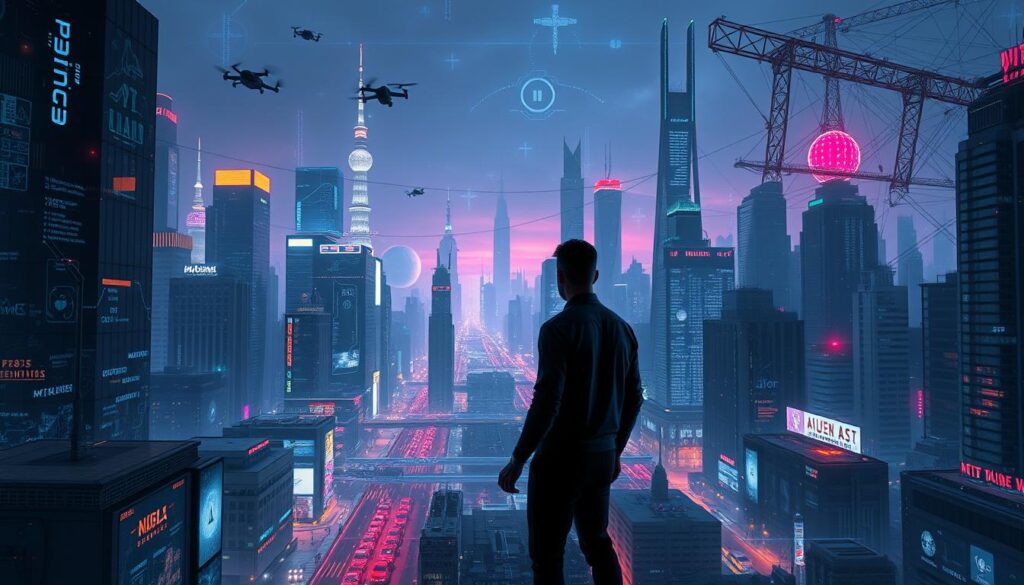 A futuristic cityscape at night, bathed in the glow of holographic displays and neon-lit skyscrapers. In the foreground, a lone figure navigates the labyrinth of data streams and AI-powered systems, using intuitive gestures and a sleek, cyberpunk-inspired interface. The middle ground is populated by autonomous vehicles and drones, while the background reveals towering structures intertwined with intricate networks of cables and satellites. The scene conveys a sense of both wonder and unease, as the individual struggles to adapt and thrive in this rapidly evolving, AI-driven world.