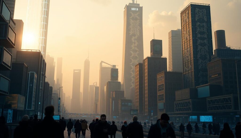 A futuristic cityscape, bathed in a warm, golden light filtering through a hazy atmosphere. In the foreground, a towering digital interface dominates the skyline, its sleek, holographic panels pulsing with data streams. In the middle ground, silhouettes of people navigate the bustling streets, their movements blurred as they interact with various smart devices. In the background, a towering AI-powered skyscraper looms, its surface covered in intricate, glowing circuits, symbolizing the pervasive impact of digitalization on the urban landscape. The overall mood is one of awe, wonder, and subtle unease, capturing the transformative yet unsettling effects of the digital revolution.