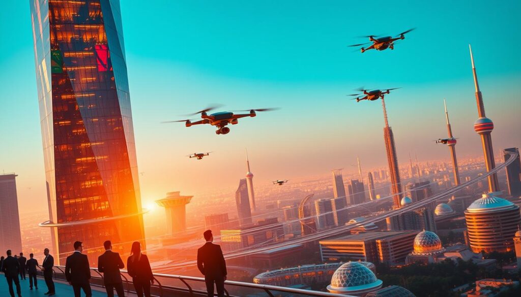 A futuristic cityscape, bathed in a warm, vibrant glow. In the foreground, a group of technocrats, dressed in sleek, minimalist attire, stand before a towering, gleaming skyscraper, its faceted glass facade reflecting the latest advancements in architectural design and sustainable technology. In the middle ground, a network of hovering drones and autonomous vehicles weave through the urban landscape, symbolizing the rapid pace of technological progress. The background features a panoramic view of the city, with towering spires and shimmering dome structures, all powered by clean, renewable energy sources. The overall scene conveys a sense of innovation, efficiency, and a future where technology has become seamlessly integrated into everyday life.