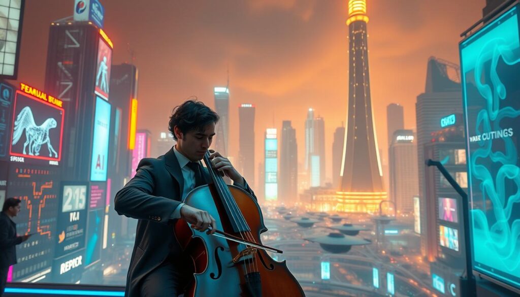 A futuristic cityscape illuminated by neon lights and holographic displays, showcasing the seamless integration of technology into everyday life. In the foreground, a cellist performs amidst the digital landscape, their instrument a striking contrast to the surrounding technological advancements. The middle ground features a bustling scene of hovercraft and skyscrapers, while the background is dominated by a towering AI-powered research facility. The scene is bathed in a warm, amber glow, creating a sense of optimism and progress, reflecting the potential for technology to enhance and empower the arts and human creativity.