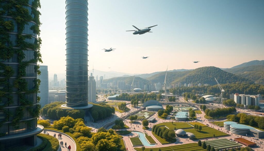 A futuristic cityscape where nature and technology seamlessly coexist. In the foreground, a towering, eco-friendly skyscraper with cascading greenery and solar panels adorning its facade. Hovering transportation systems glide silently through the air, while citizens navigate verdant, pedestrian-friendly pathways. The middle ground features a sprawling network of interconnected public spaces, with innovative water management systems and urban farming initiatives. In the distant background, rolling hills and lush forests frame the scene, hinting at a harmonious balance between built and natural environments. Warm, diffused lighting casts a serene, hopeful atmosphere, conveying the promise of a sustainable, technologically-advanced future for environmental design.