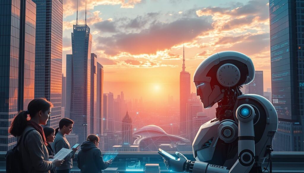 A futuristic cityscape where towering skyscrapers and robotic assistants coexist. In the foreground, a team of editors and proofreaders collaborate with an advanced AI system, its holographic interface projecting a seamless document review process. The middle ground showcases a bustling hub of information exchange, with data streams and digital annotations flowing between humans and machines. In the background, a panoramic view of the city skyline, illuminated by the warm glow of a setting sun, symbolizing the evolving nature of the editing profession. The scene conveys a sense of technological harmony, where human expertise and AI capabilities converge to shape the future of content curation and quality assurance.