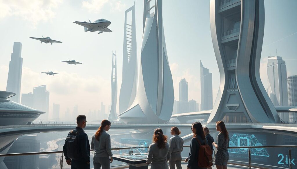A futuristic cityscape with sleek, geometric architecture and suspended walkways. Gleaming metal and glass structures rise into a luminous, hazy sky. Streamlined hovercraft glide effortlessly between buildings, while holographic displays and AI-powered interfaces hint at advanced technologies. In the foreground, a team of designers collaborates on a cutting-edge spatial design project, surrounded by floating 3D models and data visualizations. The scene conveys a sense of innovation, progress, and the boundless possibilities of the future of spatial design.