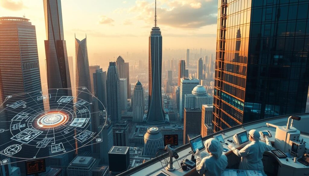 A futuristic cityscape with towering, gleaming skyscrapers showcasing the latest advancements in measurement technology. In the foreground, a holographic display presents intricate schematics and real-time data visualizations, hinting at the precision and innovation transforming the field of metrology. The middle ground features a bustling laboratory, where technicians in clean-room attire operate cutting-edge instruments with an air of professionalism and dedication. The background is a panoramic view of the city, bathed in warm, diffused lighting that exudes a sense of progress and limitless potential. The overall scene conveys the dynamic and evolving nature of the measurement industry, poised to shape the future with cutting-edge solutions.