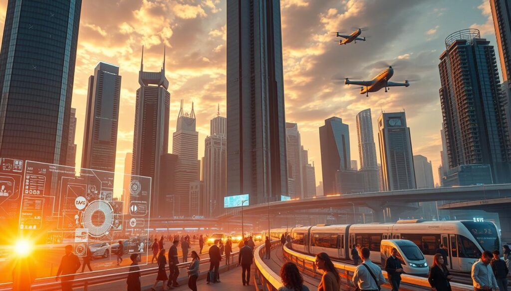 A futuristic cityscape with towering skyscrapers, advanced infrastructure, and a bustling, innovative atmosphere. The scene is bathed in a warm, golden glow from the setting sun, casting long shadows and highlighting the sleek, modern architecture. In the foreground, holographic displays and augmented reality interfaces showcase cutting-edge technology, hinting at the transformative changes to come. The middle ground features a diverse array of people, from tech entrepreneurs to creative conceptors, collaborating and shaping the future of the industry. In the background, a network of high-speed rail, self-driving vehicles, and drone deliveries weave together a seamless, interconnected urban landscape. The overall mood is one of optimism, dynamism, and the boundless potential of the industry's future.