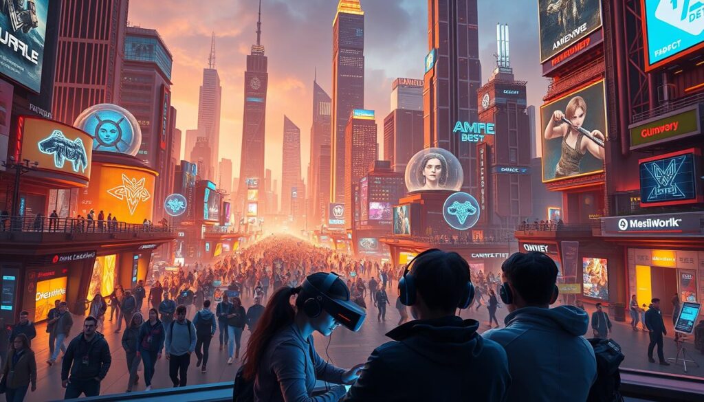 A futuristic cityscape with towering skyscrapers and high-tech infrastructure, bathed in a warm, neon-tinged glow. Floating holographic displays showcase the latest game innovations, while crowds of gamers and developers navigate the vibrant streets. In the foreground, a group of game designers collaborate on a cutting-edge virtual reality setup, their faces illuminated by the glow of their screens. The scene conveys a sense of technological advancement, creative potential, and the dynamic, ever-evolving nature of the gaming industry.