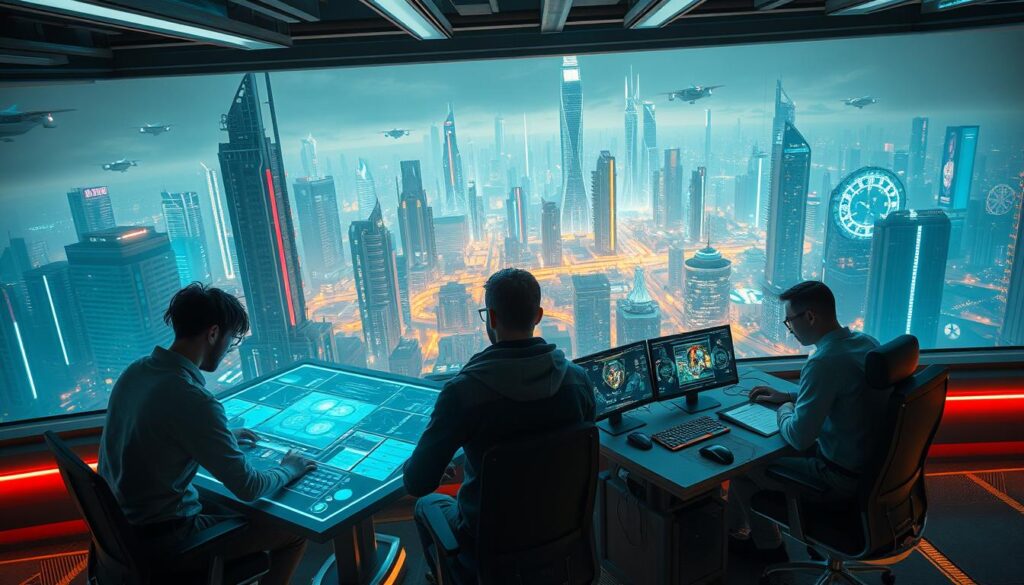 A futuristic game scenario with a dynamic, cyberpunk-inspired aesthetic. In the foreground, a team of game developers collaborating around a holographic display, brainstorming the latest narrative trends. The middle ground features an array of high-tech workstations and cutting-edge game development tools. In the background, a panoramic cityscape with towering skyscrapers, neon-lit streets, and hovering vehicles, conveying a sense of technological advancement and innovation. Bright, cool-toned lighting illuminates the scene, creating a sleek, immersive atmosphere. The overall mood is one of excitement, creativity, and the boundless potential of the gaming industry's evolving storytelling capabilities.
