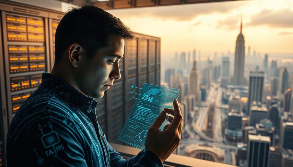 A futuristic, high-tech scene depicting the impact of AI and data analysis technologies on the securities analysis profession. In the foreground, a securities analyst pores over a holographic display filled with complex financial data, their face illuminated by the soft glow of the interface. In the middle ground, banks of servers and supercomputers hum with the processing of vast troves of market information. The background showcases a panoramic cityscape, its towering skyscrapers and bustling streets a testament to the profound transformations unfolding in the financial sector. Warm, diffused lighting casts a sense of optimism and progress, while subtle hints of uncertainty and the unknown linger in the atmosphere. The overall composition conveys the securities analyst's evolving role, as they harness the power of AI and data analytics to navigate an increasingly complex and dynamic financial landscape.