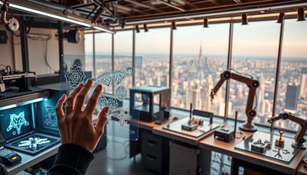 A futuristic jewelry design studio filled with modern equipment and cutting-edge technology. In the foreground, a designer is using a holographic display to sketch intricate new jewelry concepts, their hands moving gracefully as they bring their vision to life. In the middle ground, 3D printers and robotic arms work in harmony, crafting delicate metal and gemstone components. The background reveals a panoramic view of a bustling city skyline, hinting at the global reach and potential of this innovative jewelry design field. Warm, focused lighting bathes the scene, creating an atmosphere of creativity, innovation, and the dynamic potential of the jewelry design industry.