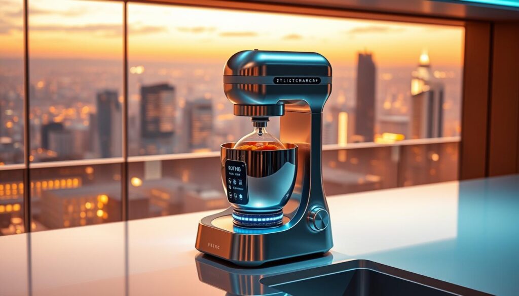 A futuristic mixer hovering above a sleek, minimalist kitchen countertop, its stainless steel body glistening under warm, soft lighting. The appliance's holographic display projects intuitive controls, while a robotic arm effortlessly blends a vibrant smoothie. The background features a panoramic view of a gleaming, high-tech cityscape, hinting at the mixer's place in the smart home of tomorrow. The scene conveys a sense of efficiency, innovation, and the seamless integration of cutting-edge technology into everyday domestic tasks.