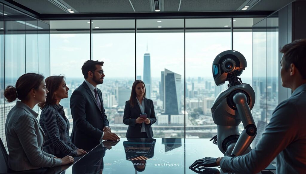A futuristic office setting with a glass-walled conference room overlooking a bustling cityscape. In the foreground, a team of business professionals discussing AI-powered strategies, their expressions contemplative. Holographic displays project data visualizations, while a sleek robotic assistant hovers nearby, ready to assist. The middle ground features a panoramic view of the city, with skyscrapers and autonomous vehicles, hinting at the technological advancements transforming the business landscape. The background is softly lit, creating a sense of depth and emphasizing the integration of AI into the corporate environment. The overall mood is one of innovation, adaptation, and the challenges and opportunities presented by the evolving role of artificial intelligence in the business world.