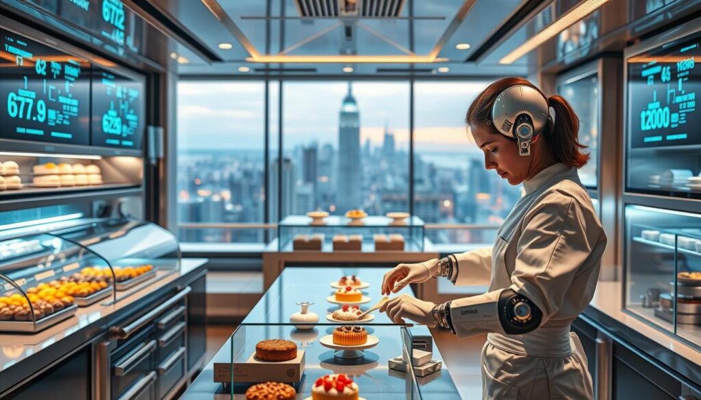 A futuristic patisserie kitchen with sleek, chrome appliances and holographic displays. In the foreground, a skilled pâtissier deftly manipulates dough and delicate pastries using advanced robotic arms. The middle ground features a central counter with a transparent glass display showcasing an array of innovative desserts. The background reveals a panoramic view of a bustling metropolis through floor-to-ceiling windows, hinting at the pâtissier's elevated status and the high-tech future of their profession. Soft, warm lighting illuminates the scene, creating an atmosphere of creativity, precision, and culinary innovation.