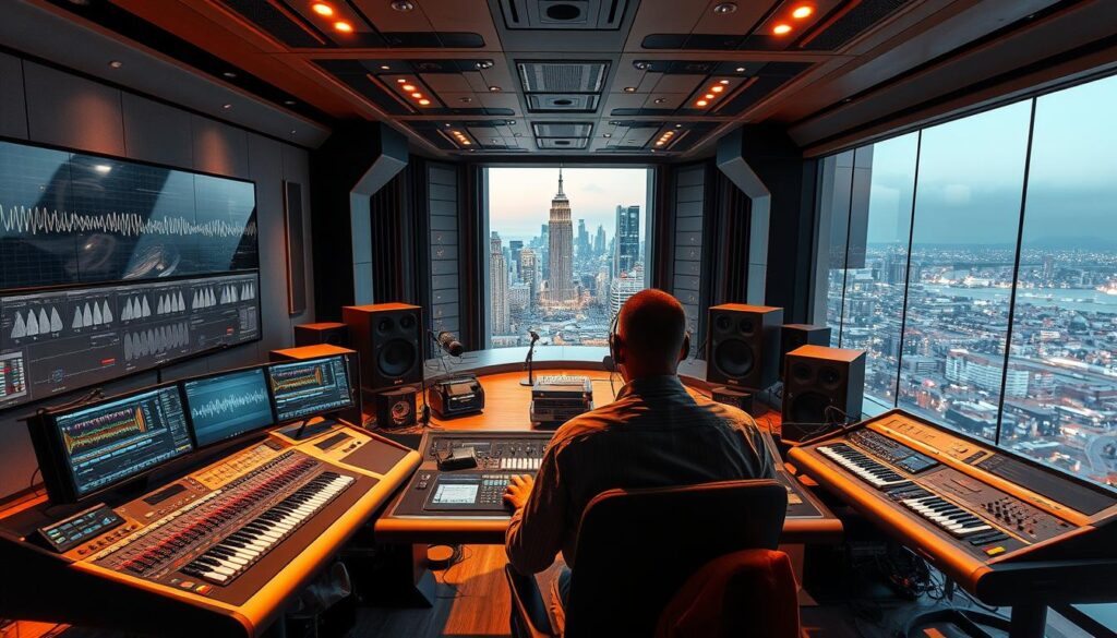 A futuristic recording studio with cutting-edge technology. In the foreground, a recording engineer sits at a sleek, high-tech console, surrounded by a vast array of electronic equipment and monitors displaying waveforms and complex sound data. The middle ground features a spacious, acoustically-treated recording booth, with advanced microphones and sound-dampening materials. The background showcases a panoramic view of a bustling city skyline, symbolizing the engineer's connection to the broader music industry and technological innovation. Warm, ambient lighting creates a serene, professional atmosphere, while subtle, dynamic camera angles and depth-of-field effects convey a sense of depth and visual interest. The overall composition suggests the recording engineer's pivotal role in shaping the future of music production and the ever-evolving fusion of audio technology and artistic expression.