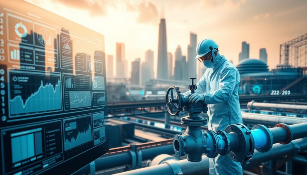 A futuristic scene depicting the essential technical skills of a water infrastructure consultant. In the foreground, a digital dashboard showcases a holographic interface with real-time data visualizations, pipeline schematics, and flow analytics. In the middle ground, an engineer in a clean-room suit inspects a complex valve system, using augmented reality overlays to diagnose issues. In the background, a cityscape of gleaming skyscrapers and eco-friendly water treatment facilities is bathed in a warm, diffused lighting, conveying a sense of technological progress and environmental sustainability. The overall mood is one of precision, innovation, and the critical role of water management in modern urban planning.