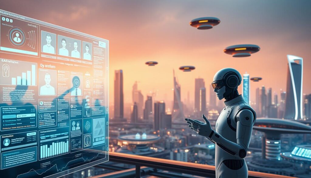 A futuristic scene depicting the evolution of reference checks. In the foreground, a holographic interface displays detailed personal profiles, seamlessly integrating data from various sources. The middle ground features a team of AI analysts meticulously cross-referencing information, their movements and gestures captured by an array of advanced sensors. In the background, a cityscape of gleaming skyscrapers and hovering transport pods sets the stage for this cutting-edge process, illuminated by a warm, diffused lighting that conveys a sense of efficiency and security. The overall atmosphere suggests a future where reference checks are conducted with unparalleled precision, maintaining the delicate balance between personal privacy and professional transparency.