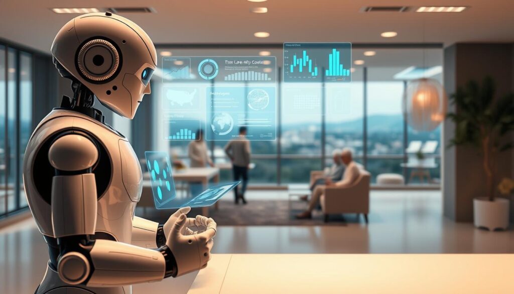 A futuristic scene depicting the interplay between AI and elderly care. In the foreground, a friendly-looking humanoid robot assists an elderly person with daily tasks, their interaction conveying a sense of warmth and trust. In the middle ground, holographic displays showcase real-time data and insights that help caregivers optimize their workflow. In the background, a panoramic view of a high-tech assisted living facility, with seamless integration of cutting-edge technologies that enhance the quality of life for the residents. The scene is illuminated by soft, diffused lighting, creating a calming and welcoming atmosphere. The overall composition highlights the potential for AI to revolutionize the eldercare industry, improving efficiency, personalization, and the overall well-being of those in need.