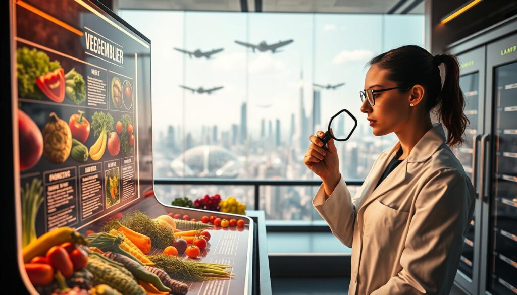 A futuristic scene of a vegetable sommelier's workspace, illuminated by warm, natural lighting. In the foreground, a sleek, holographic display showcases vibrant produce, each item labeled with detailed information. The sommelier, dressed in a crisp, white lab coat, examines the produce with a magnifying glass, her expression one of deep contemplation. In the middle ground, state-of-the-art storage units maintain the ideal temperature and humidity for the vegetables. The background depicts a panoramic view of a futuristic city, skyscrapers and flying vehicles hinting at the rapid advancements in technology. An atmosphere of innovation, precision, and a deep appreciation for the culinary potential of vegetables permeates the scene.