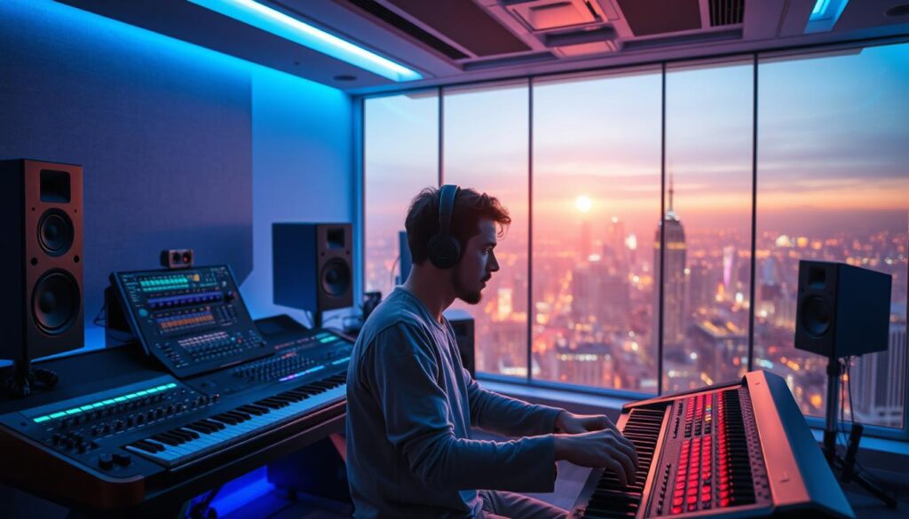 A futuristic studio with cutting-edge music production equipment, including a sleek modular synthesizer, digital audio workstation, and state-of-the-art speakers. The room is bathed in a warm, ambient glow, with soft blue and purple hues illuminating the space. In the foreground, a talented trackmaker sits intently, their fingers dancing across the controls, lost in the creative flow. The background features a panoramic view of a bustling, neon-lit cityscape, hinting at the boundless possibilities that lie ahead for this innovative profession. The overall atmosphere conveys a sense of boundless potential, technological advancement, and the ever-evolving nature of the music industry.