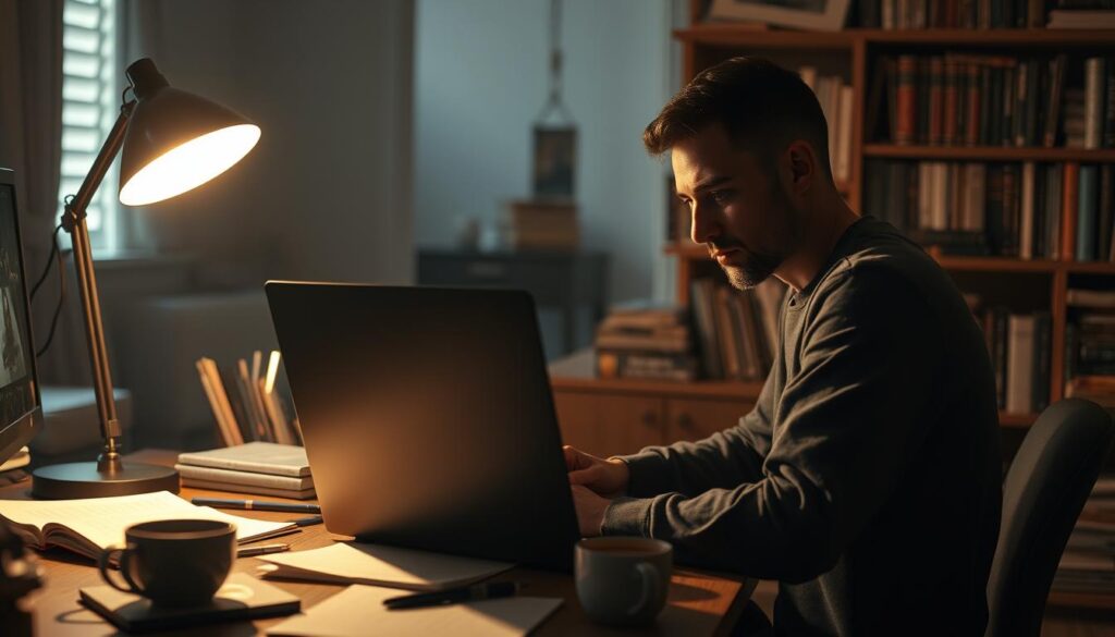 A game scenario writer sitting at a desk, focused on a laptop screen, surrounded by notes, books, and a cup of coffee. The room is dimly lit, with a warm, ambient glow from a desk lamp, casting a cozy atmosphere. The writer's face is partially obscured, emphasizing the concentration and creative process. In the background, a bookshelf filled with reference materials and inspirational items suggests the depth of research and world-building involved in their work. The scene conveys the thoughtful, introspective nature of the scenario writer's role in crafting compelling narratives for video games.