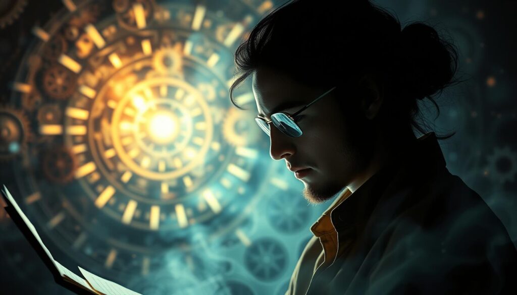 A game scenario writer's superhuman skills: a visionary mind conjuring captivating narratives, adept at weaving intricate plotlines and compelling character arcs. An ethereal glow surrounds them, symbolizing their innate ability to breathe life into virtual worlds. Intricate gears and cogs in the background represent their mastery of storytelling mechanics, while a mystical energy field suggests their capacity to tap into the subconscious and evoke profound emotional responses. Dramatic lighting casts dramatic shadows, accentuating the writer's focused concentration and unwavering commitment to their craft. Delicate, brushstroke-like textures add depth and artistry to the scene, reflecting the writer's creative dexterity. The overall atmosphere is one of inspiration, imagination, and the transformative power of the written word.